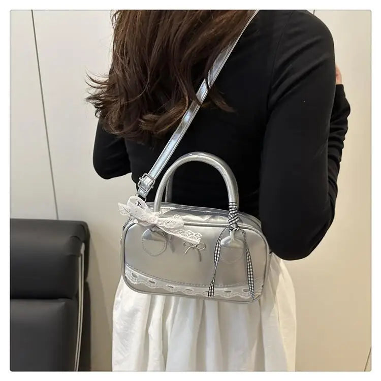 Simple Elegant Handbag Boston Shoulder bag Lace Ribbon Bow Decor Crossbody Bag Small Square Bag Casual Women Bags ﻿