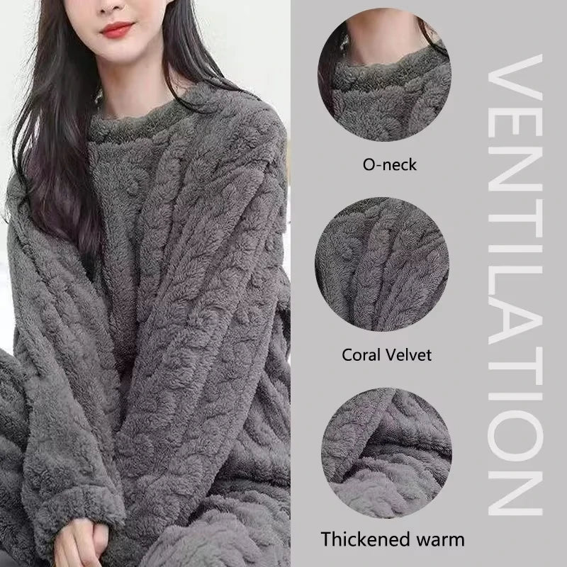 Ensemble pyjama épais et chaud en molleton de corail pour femme, vêtements de maison imprimés de dessins animés, vêtements de nu