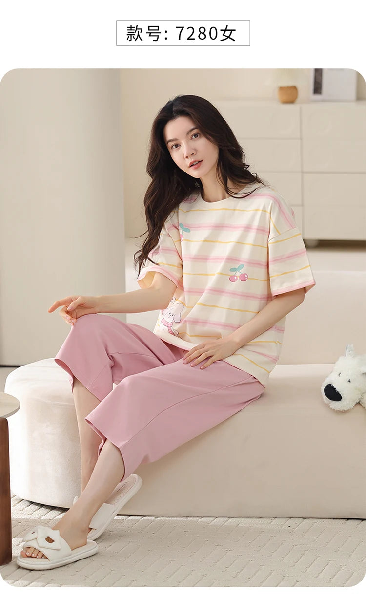 MiiOW 2Pcs Summer Women's Pajamas Set Cotton Short Sleeve Woman Homewear Cute Pink Patchwork Print Girls Pajamas Woman Sleepwear