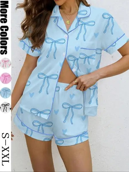 Women's Bow Print Pajama Set, Casual Shirt Collar Soft Top & Elastic Shorts, Comfortable Home Wear for All Seasons