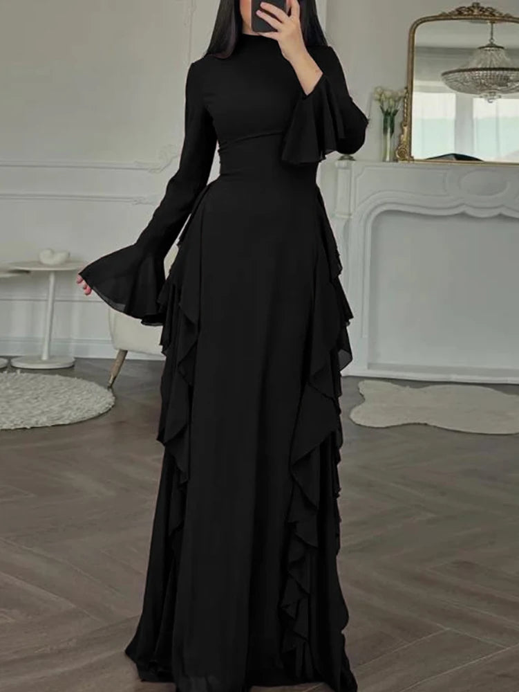 2025 European and American Women's Elegant Casual High-Waisted Solid-Colour Bell-Sleeve Dress Long Dress with Long Sleeves