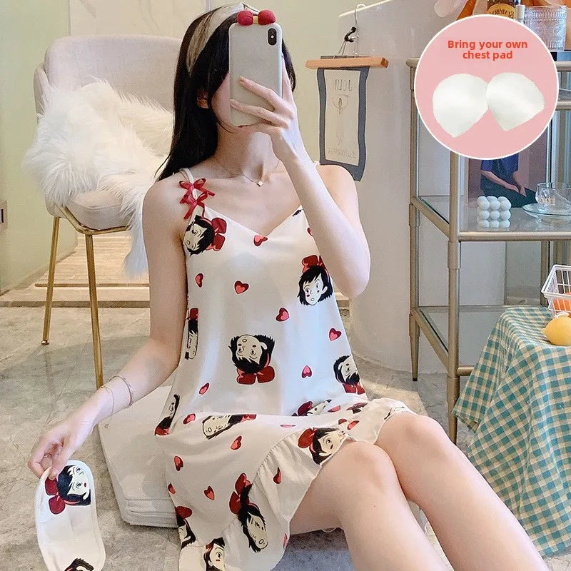 New with Bra Pad, Free Eye Mask, Sling, Loose and Cute Cartoon Animal Pajamas, Nightgown Role-playing Sleepwear Women