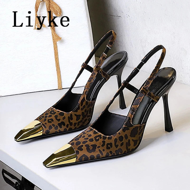 Liyke Sexy Slingback Sandal Female Design Metal Pointed Toe Stiletto High Heels Party Prom Shoes Women Pumps Zapatos Mujer