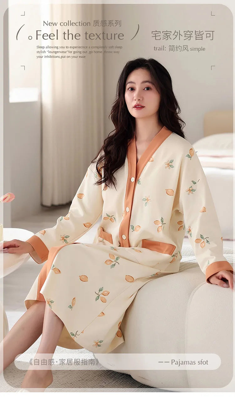 Big Size M-5XL Spring and Autumn Women Nightdress With Chest Pad Femme Knited Cotton Nightwear Floral Nightgown