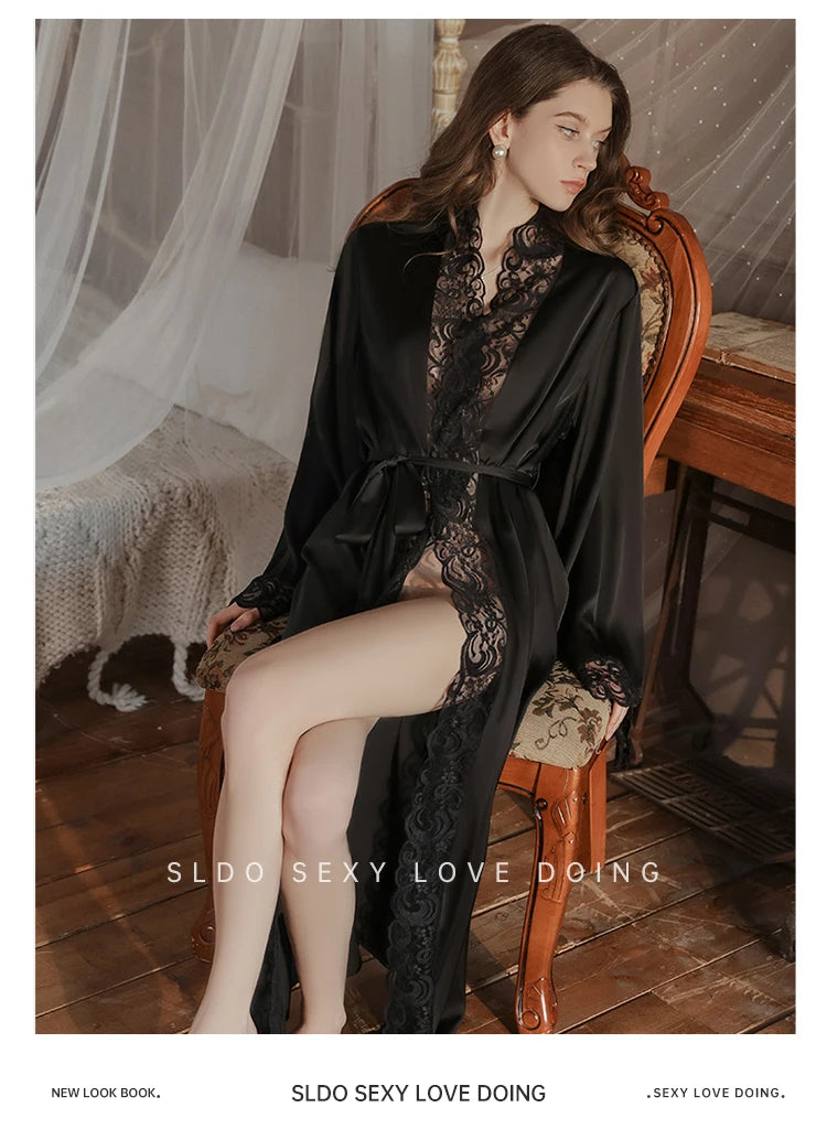 Wedding Bridal Bathrobe Big Lace Flower Nightie Wear Women Satin Kimono Long Loose Peignior Spring Autumn New Intimate Lingerie