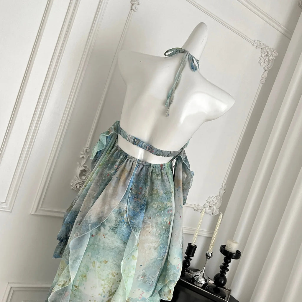 2025 Elegant Halter Neck Ruffled Maxi Dress Women Blue Green Floral Print Bohemian Design Beach Vacation Casual Party Dress New