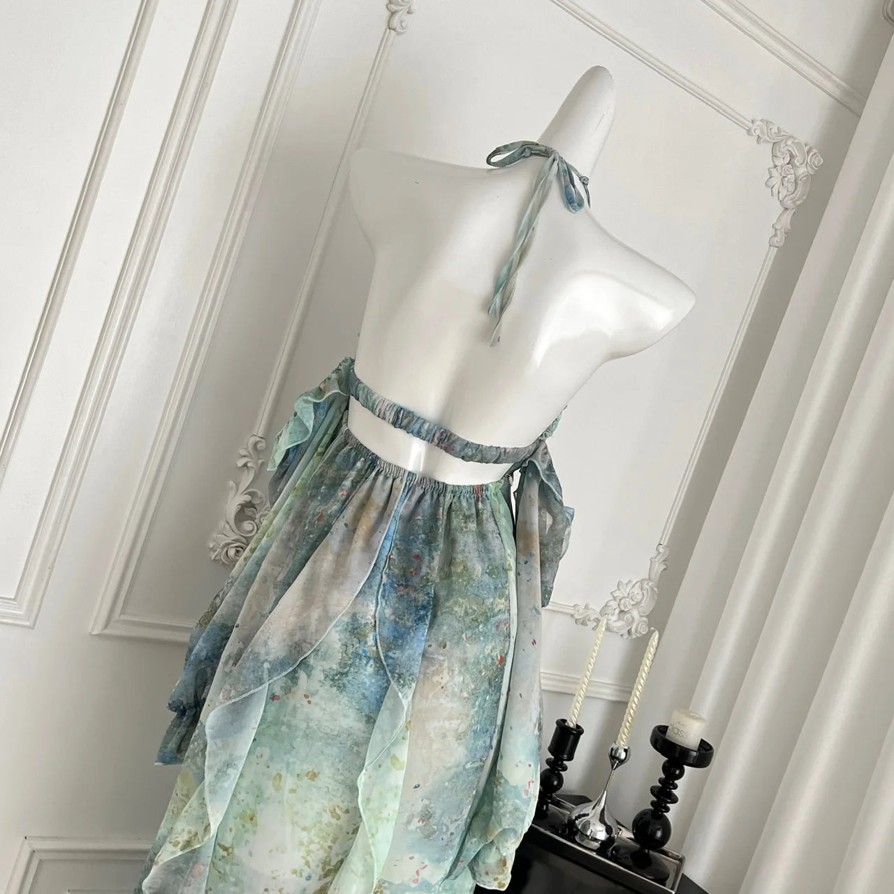 2025 Elegant Halter Neck Ruffled Maxi Dress Women Blue Green Floral Print Bohemian Design Beach Vacation Casual Party Dress New