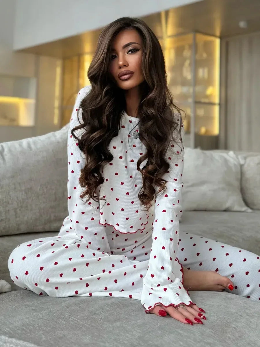 Autumn Winter Pajama Set Women 2pcs Y2K-Style Cherry Print Cuffed-Long-Sleeve Tops and Long Trousers Sleepwear Homewear