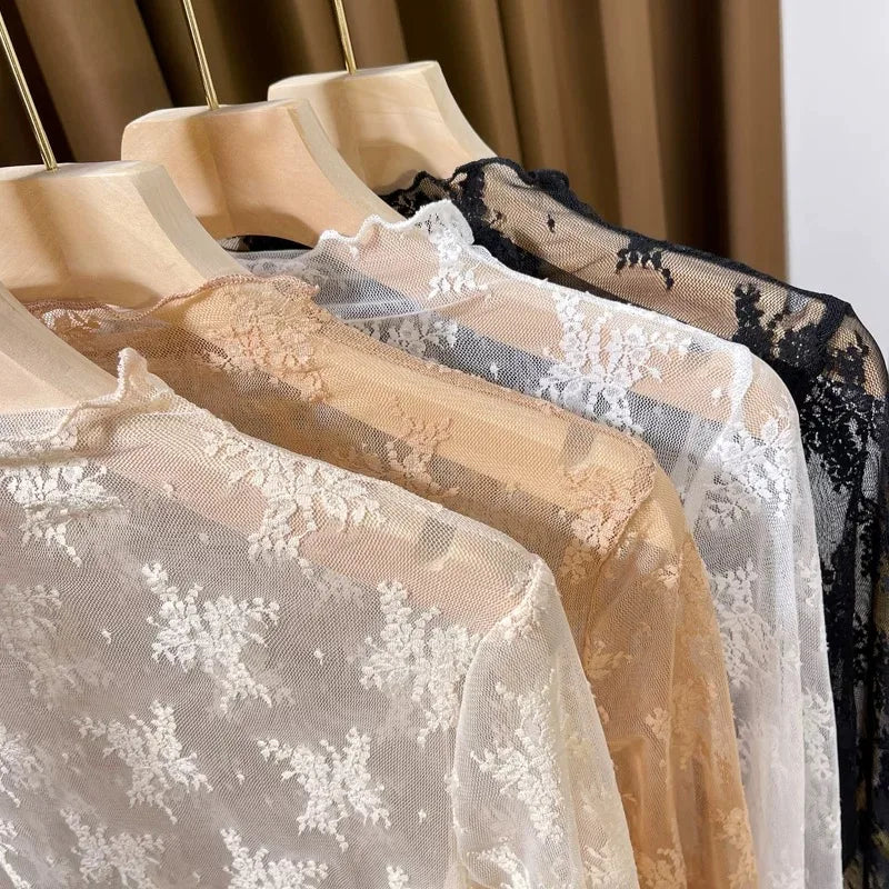 Sexy Floral Lace and Mesh Ruffle Nightgown Woman Sleep Tops Nightie Turtleneck Mesh Layering Top Y2k Floral Tee Shirts Blouse