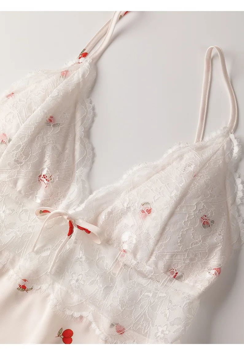 Sexy Suspender Pajamas Set Sleepwear Print Flower Lace Trim Sleepwear Intimate Lingerie Summer New Silk Satin Nightwear Homewear