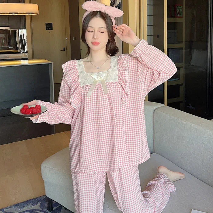 100kg Plus Size Cherry Print Pajama Women Korean Sweet Spring Long Sleeve Top Long Pants Plaid Homewear Princess Loose Outfits