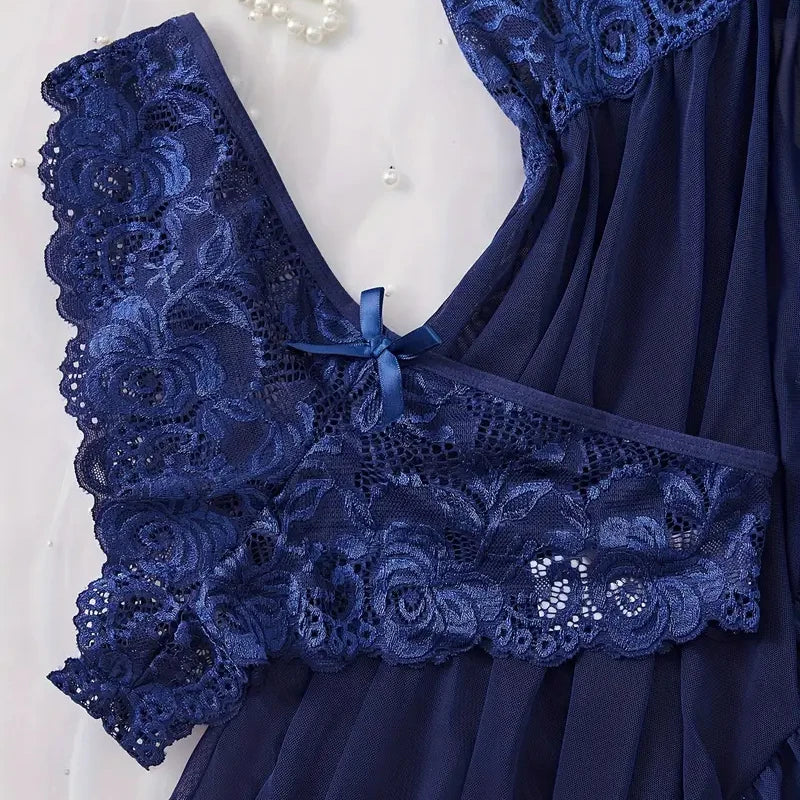 Transparent Lace Women Erotic Open Bra Blue Sling Nightgown Underpants Set Deep V Wedding Night Nightgown Sexy Lingerie Costumes