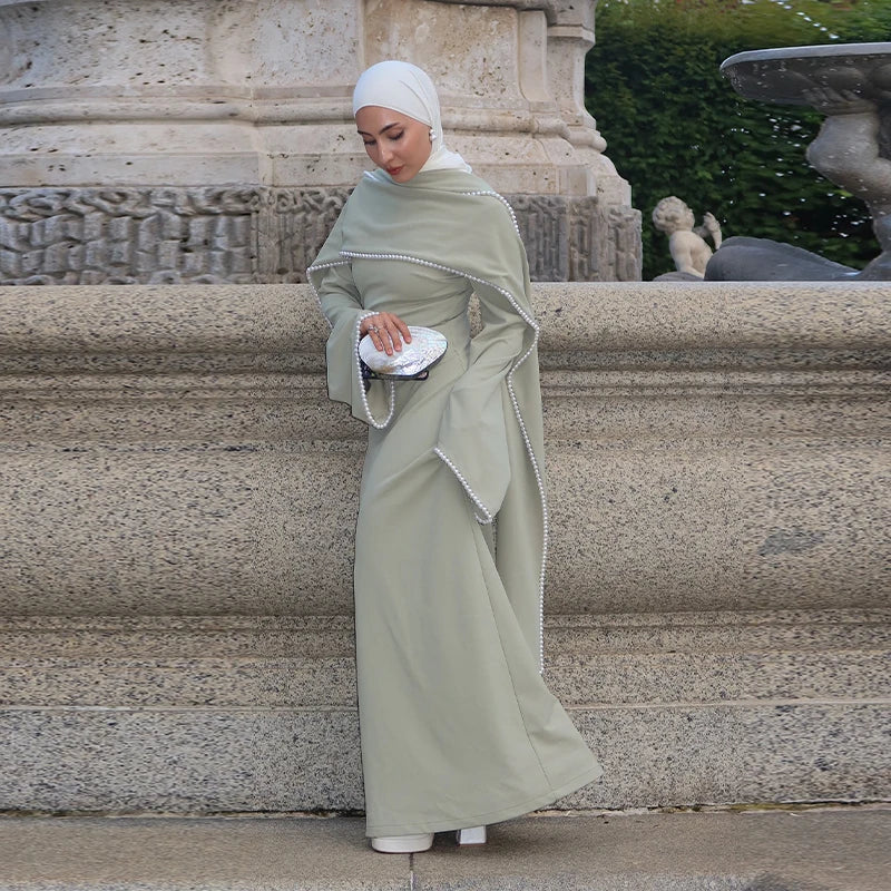 White Pearl Trim Cape Maxi Dress Women Elegant Long Sleeve Cinched Waist Muslim Robes 2026 Spring EID Abaya Lady Dresses