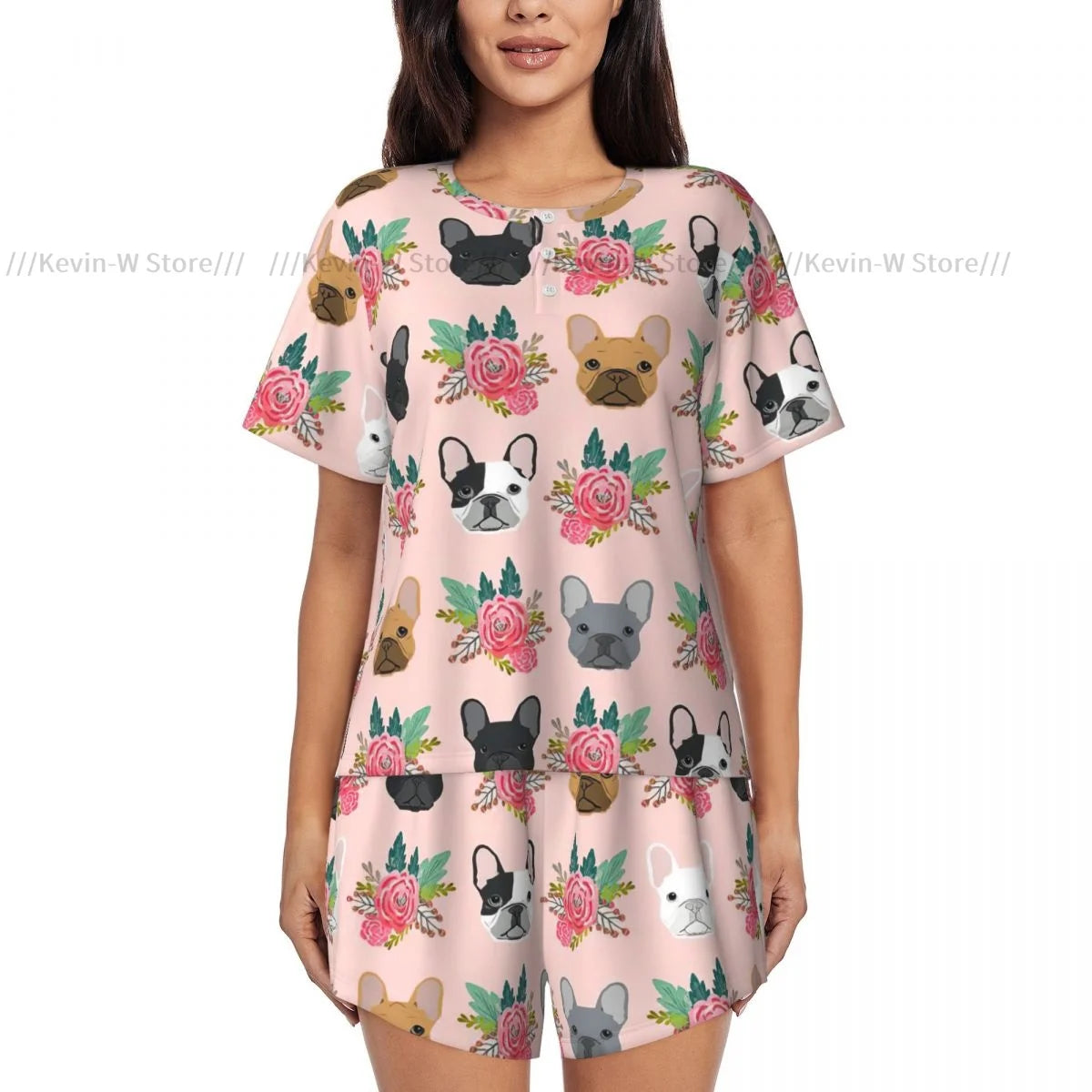 Women Pajamas Set Short Sleeve French Bulldog Flowers Florals Dog Sleepwear Loungewear for Summer Nightwear