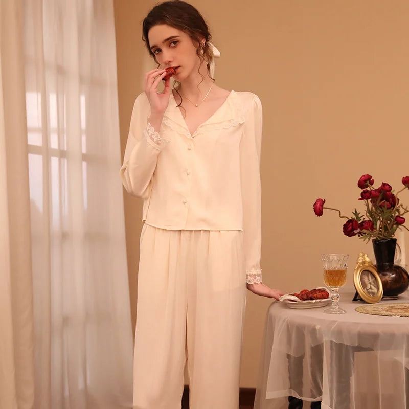 Two Piece Pajamas Set Women Satin Nightwear Home Clothes Spring Autumn Long Sleeve Shirt&pants Sleepwear Suit