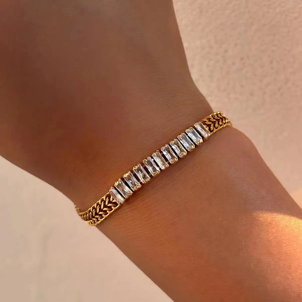 GANEMLY 316L Stainless Steel Round Sparkling Zirconia Bracelet For Women Fashion Fine Wrist Chain Waterproof Jewelry Lady Gift