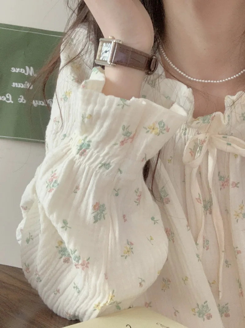 Sweet Girl Floral Print Long Nightdress Sleepwear Spring New Female Cotton Nightgown Lounge Wear Casual Bathrobe Home Wear