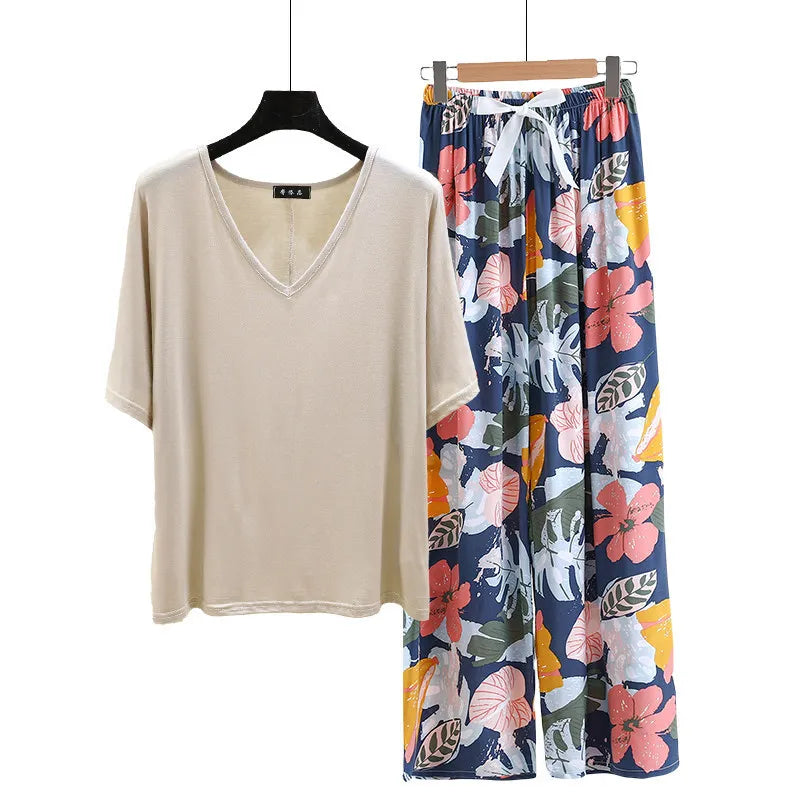 V Neck Tshirt with Poplin Floral wide leg pants summer cool pajamas sets Loose casual homewear suit Rayon Loungewear all match