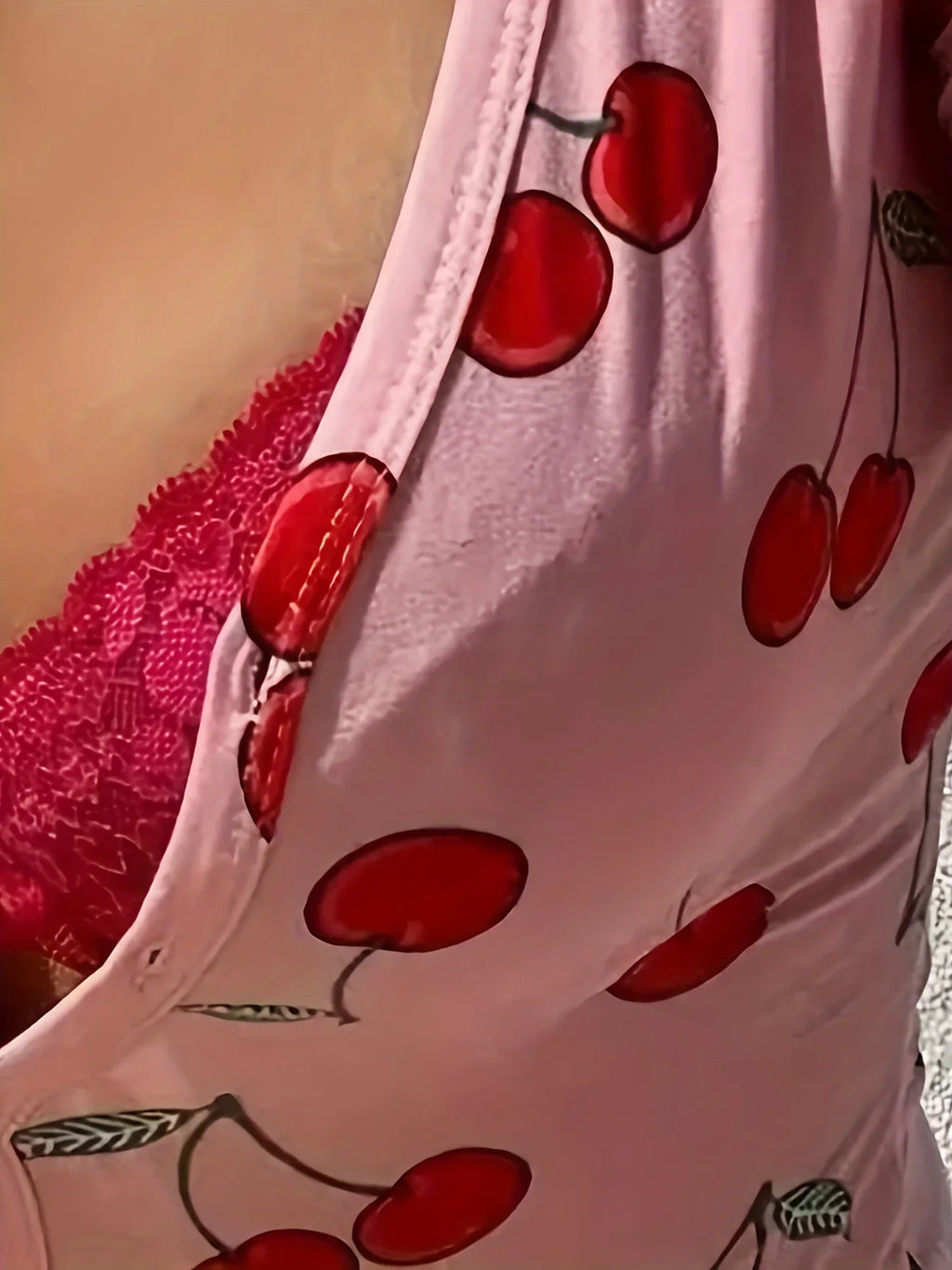 Sexy Onesies Pajamas For Women Bodysuit Casual Cherry Print V-neck Front Button Long Sleeve Slim Fit Jumpsuit Sleepwear