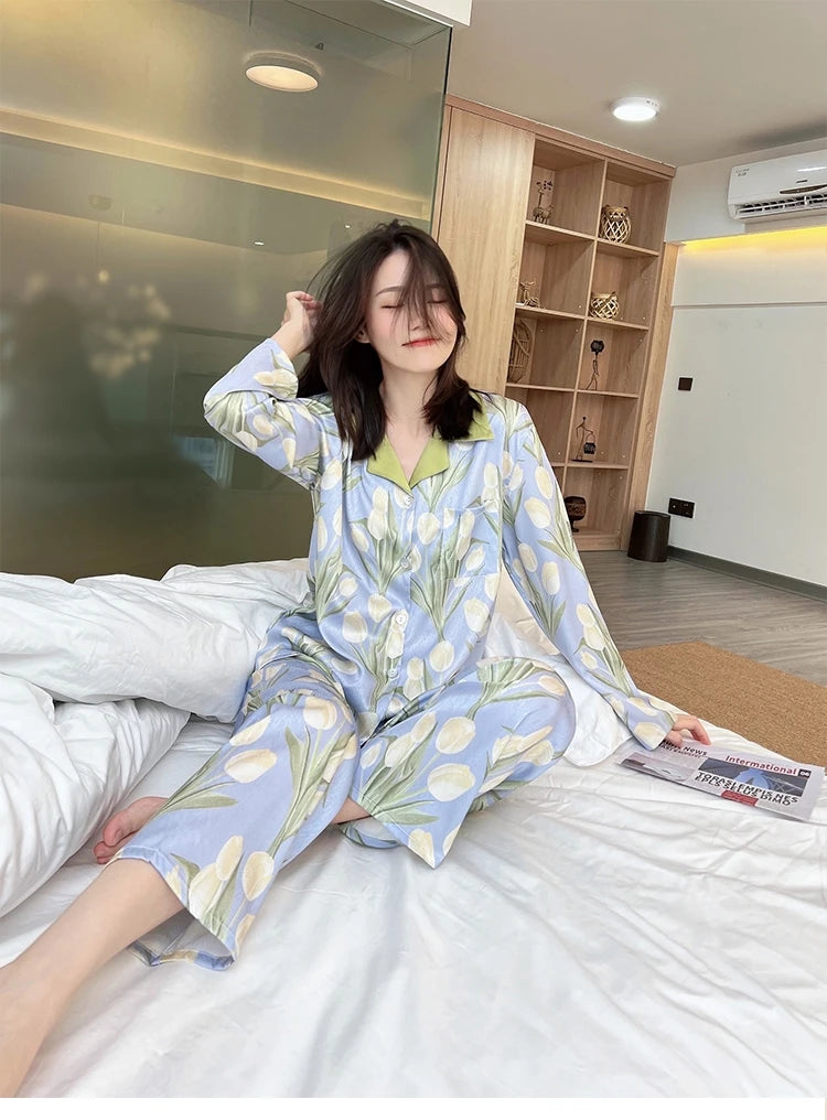 2024 New Ice Silk 2 Pieces Pajamas for Women Autumn Spring Women's Pajamas Set Elegant Ptinting Flower Home Wear Soft Sleepwear