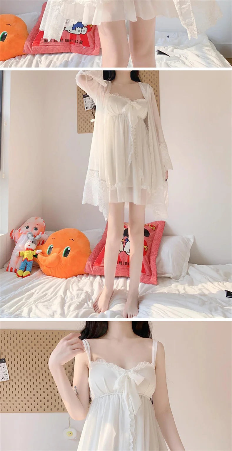Elegant Sweet Simple Solid White Women Robe Gown Sets Chic Lace Bow Mesh  Sleepwear Breathable Slim Nightdress