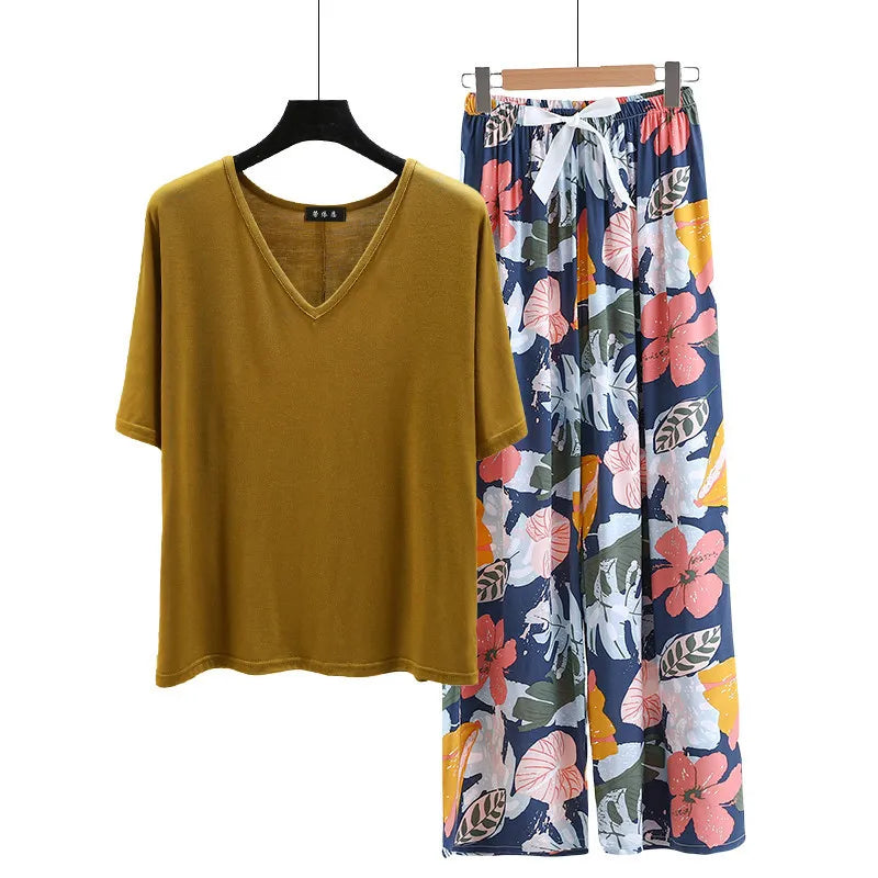 V Neck Tshirt with Poplin Floral wide leg pants summer cool pajamas sets Loose casual homewear suit Rayon Loungewear all match