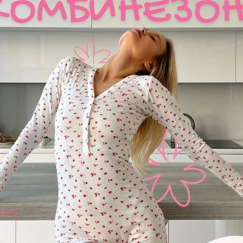Women's Sexy Floral Print Jumpsuit Long-Sleeve V-Neck Onesie Soft Bodysuit Ideal For Sleeping And Lounging Relaxed Fit Pyjamas