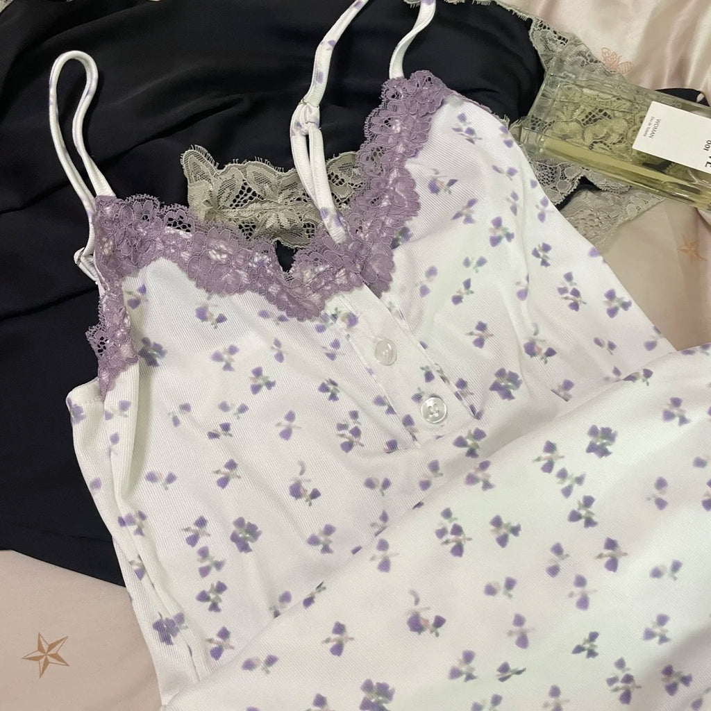 Sexy Floral Nightgowns Women Lace Patchwork Korean Romantic Sleepwear Spaghetti Strap Y2k Bodycon Comfortable Trendy Daily Ins