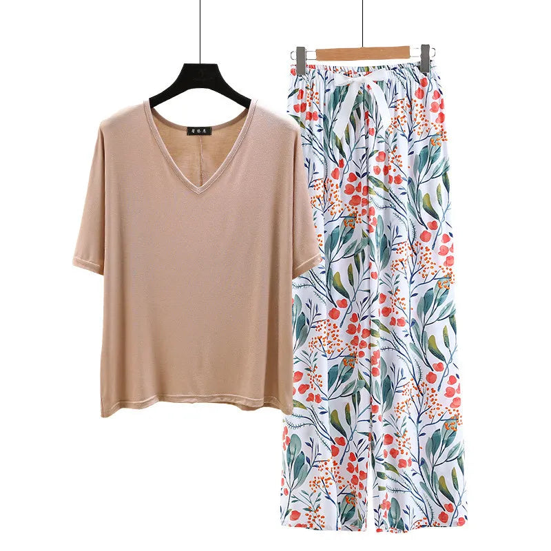 V Neck Tshirt with Poplin Floral wide leg pants summer cool pajamas sets Loose casual homewear suit Rayon Loungewear all match