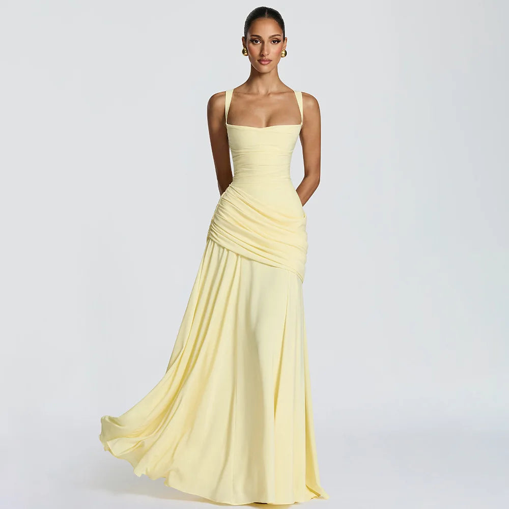 Women Yellow Low Cut Backless High Waisted Dress Cincher Spaghetti Strap Vestidos Party Club Women Robe Elegant Evening Dress