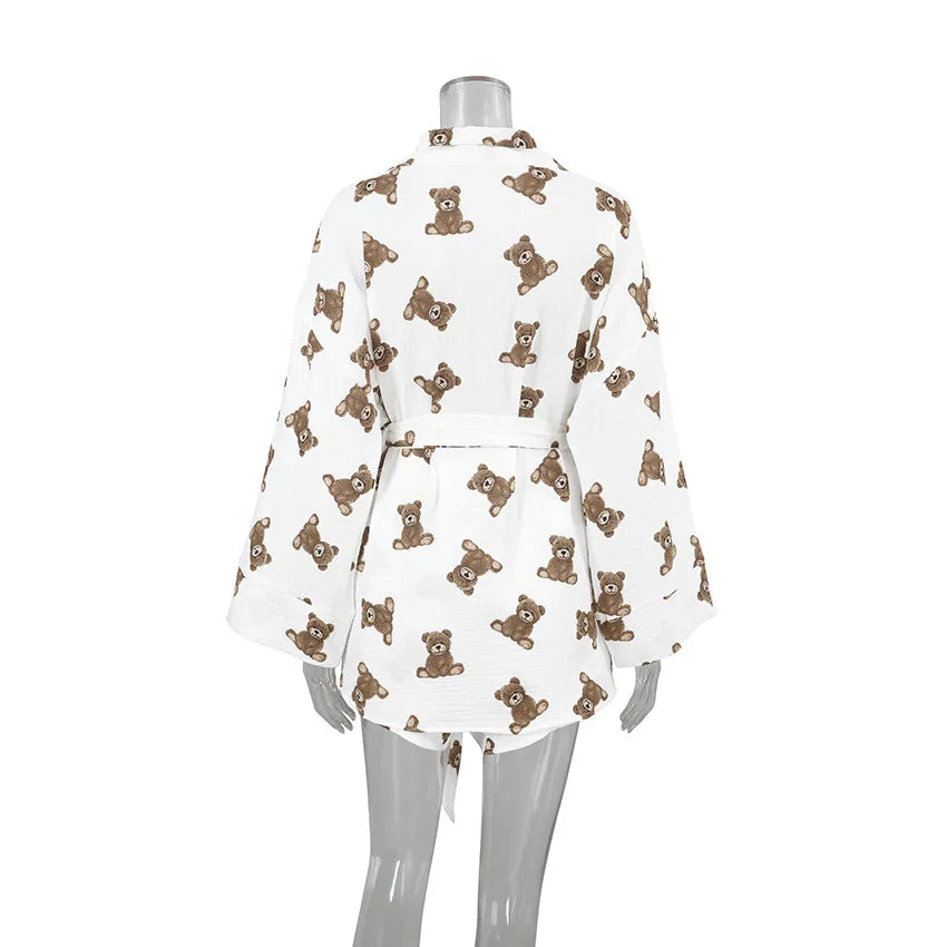 2024 Spring New European and American Pure Cotton Cute Print Warm Long sleeved Shorts and Pajamas Two piece Home Set