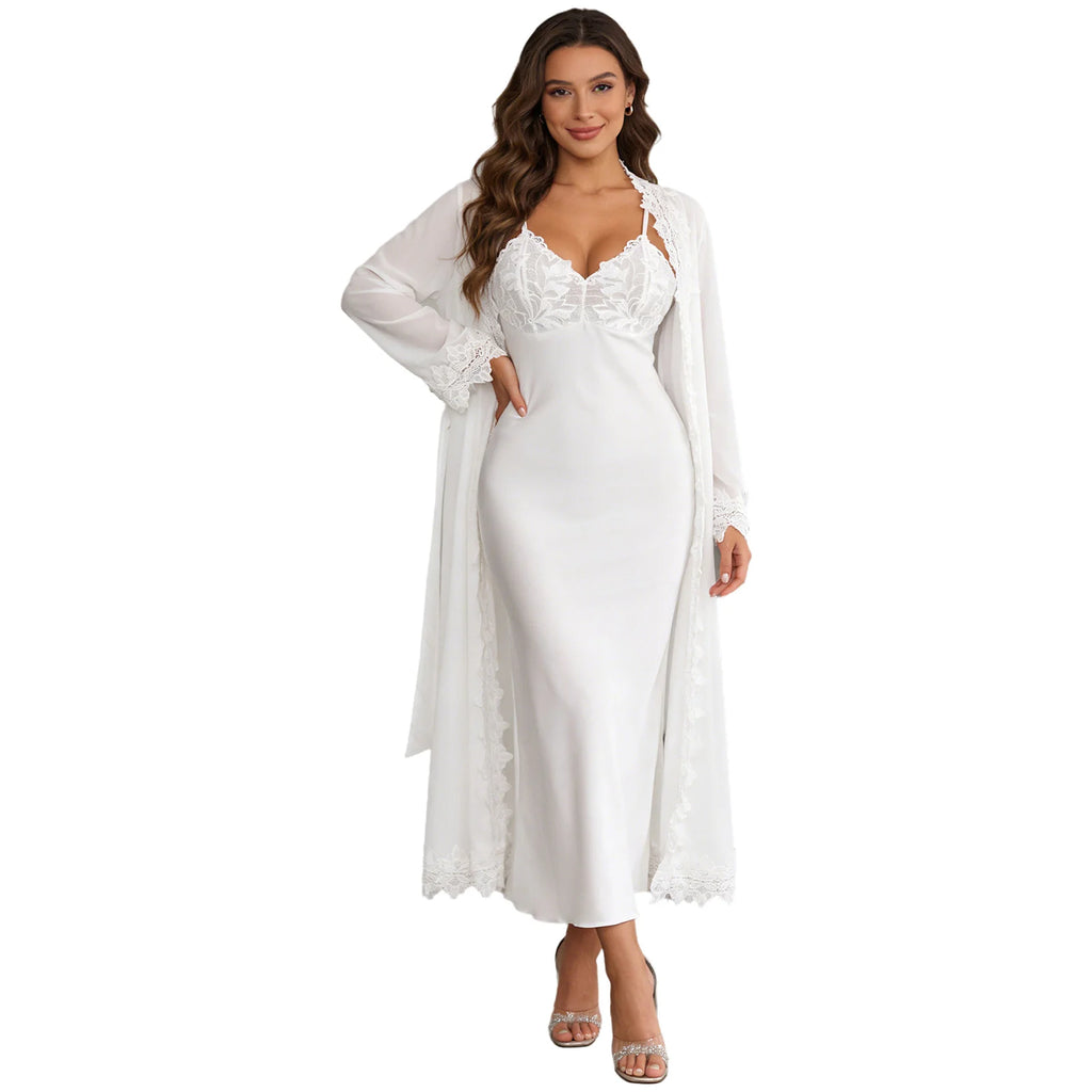 Womens Floral Lace Nightgown Set Long Sleeve Sheer Mesh Robe with Backless Satiny Sling Dress Gown Belt for Bride Wedding Night