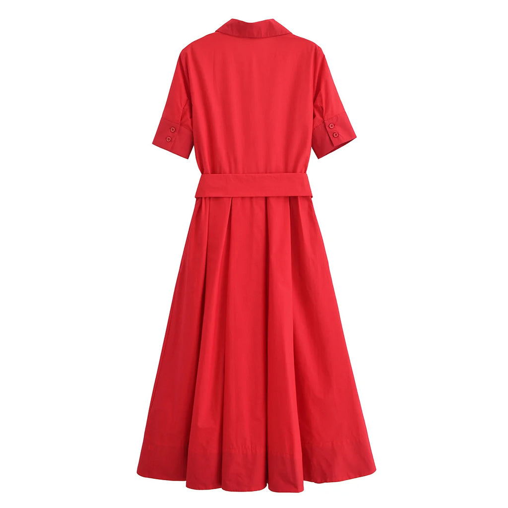 HH Women Summer Lapel Short Sleeve Pocket Single-Breasted Belt Decorate Midi Dress Female Fashion Shirt Style Pleated Dress