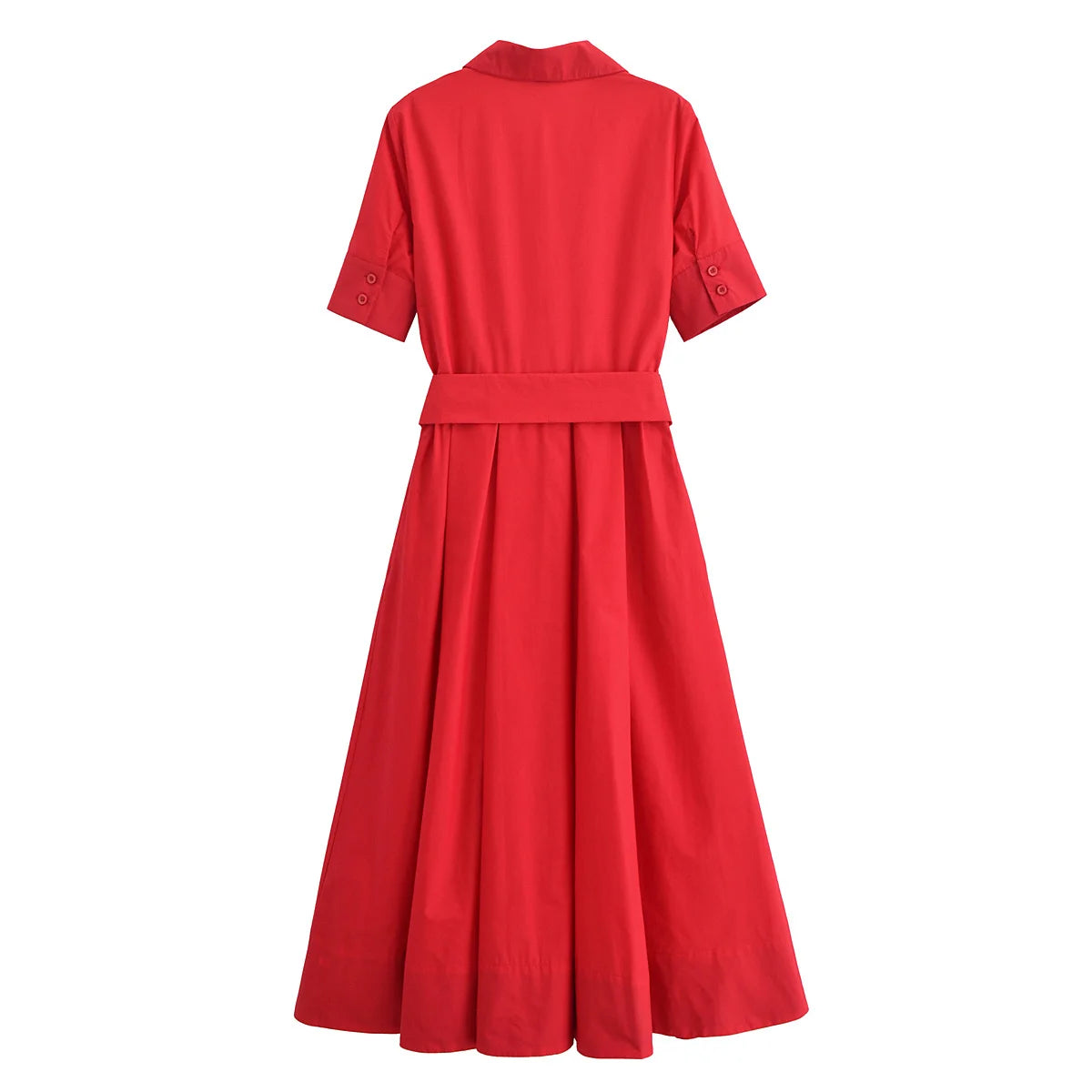 HH Women Summer Lapel Short Sleeve Pocket Single-Breasted Belt Decorate Midi Dress Female Fashion Shirt Style Pleated Dress