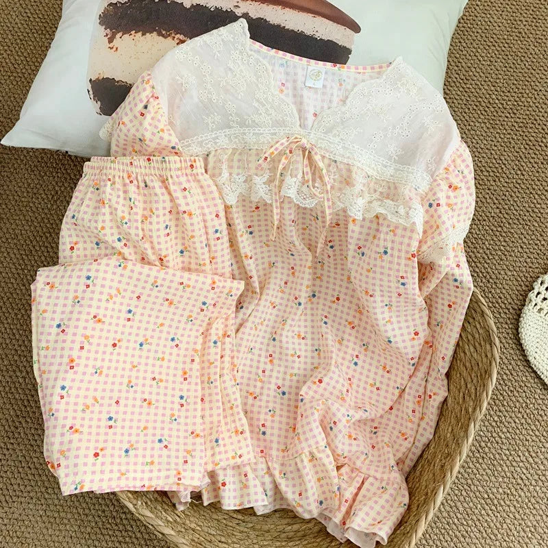 Korean Casual Lace Design Homewear Plus Size 2 Piece Suit Sweet Cute Print V-neck Women's Pajamas Set Autumn Winter New Pajamas