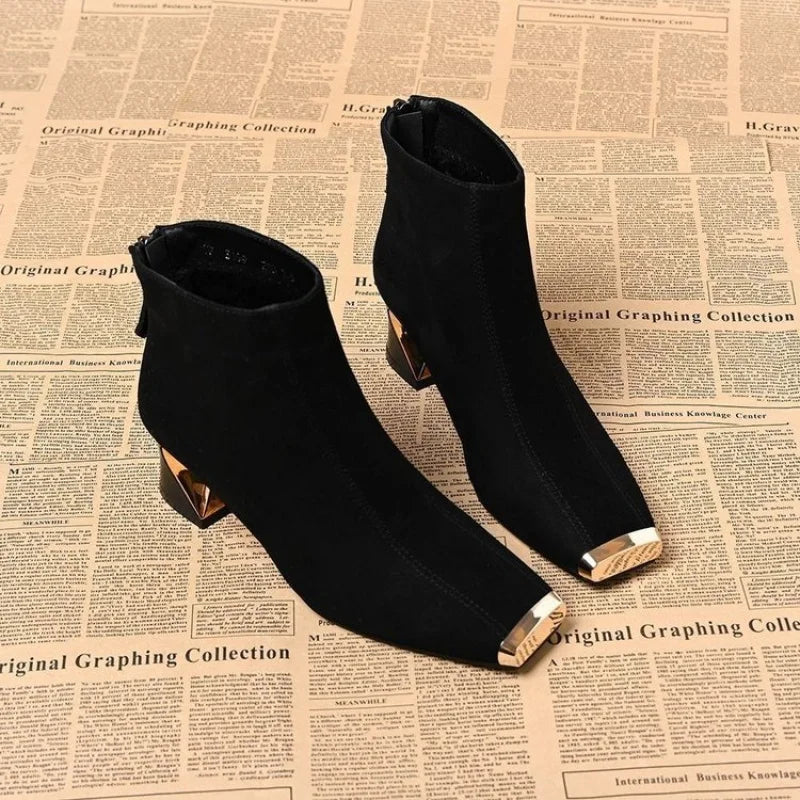 2025 New Women's Retro Square Toe Suede Ankle Boots - Metal Toe Back Zipper Chunky Heel  Boots Design Autumn Winter