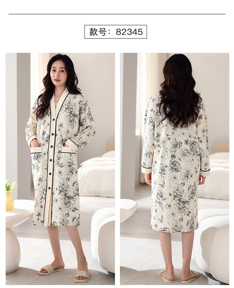 Big Size M-5XL Spring and Autumn Women Nightdress With Chest Pad Femme Knited Cotton Nightwear Floral Nightgown
