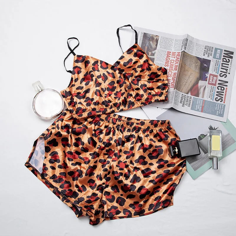 Cute Summer 2 Piece Set Women's Sexy Sleepwear Casual Satin Pajamas Female Cartoon Print Sleeveless Nightwear Homewear