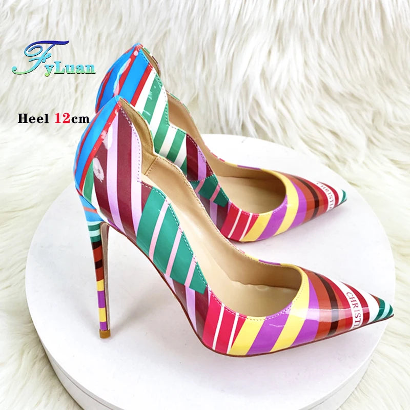 Colorful Striped High heels Fashion Cutting Pointed Shallow Party Shoes For Woman 8CM 10CM 12CM Women Pumps Large Size 44 45 46
