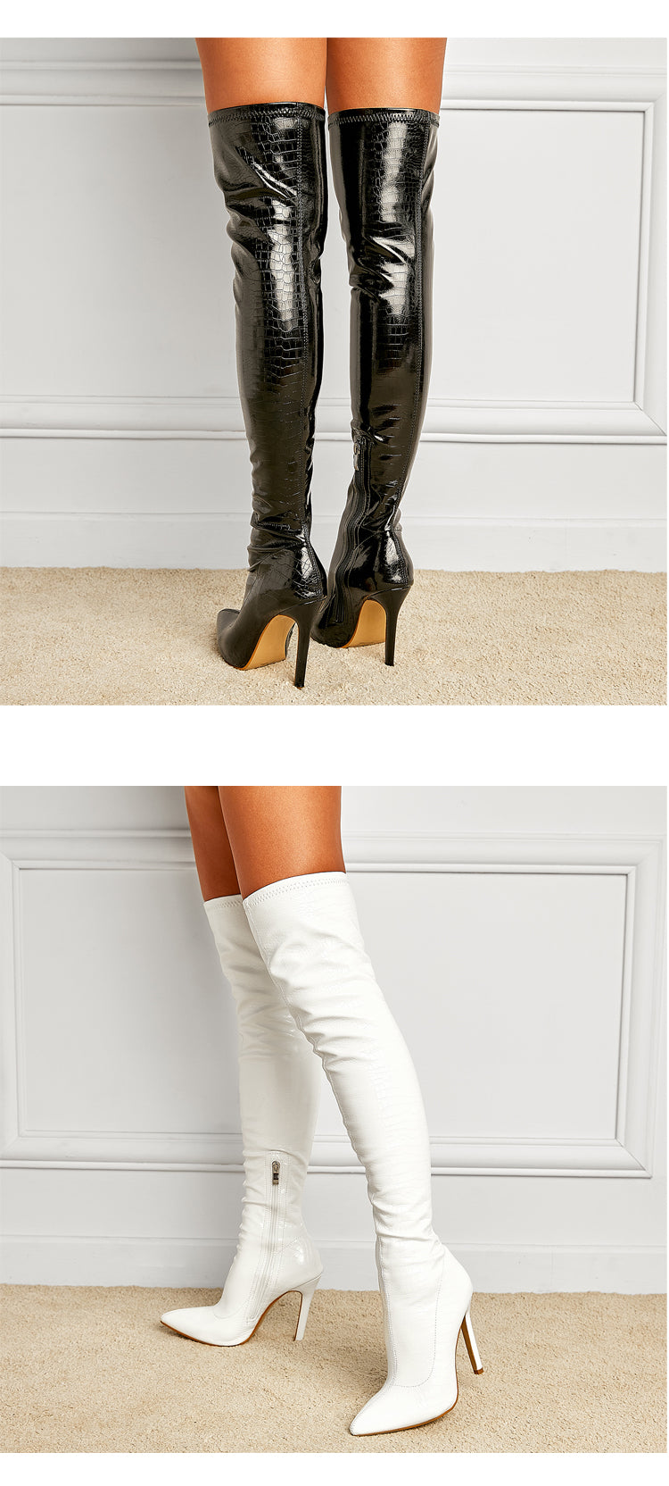 Aneikeh White Sexy Over-the-Knee Side Zipper Slip-On Pointed Toe Shoes NEW Fashion Striped Thin Heels Ladies Boots 2025 Spring