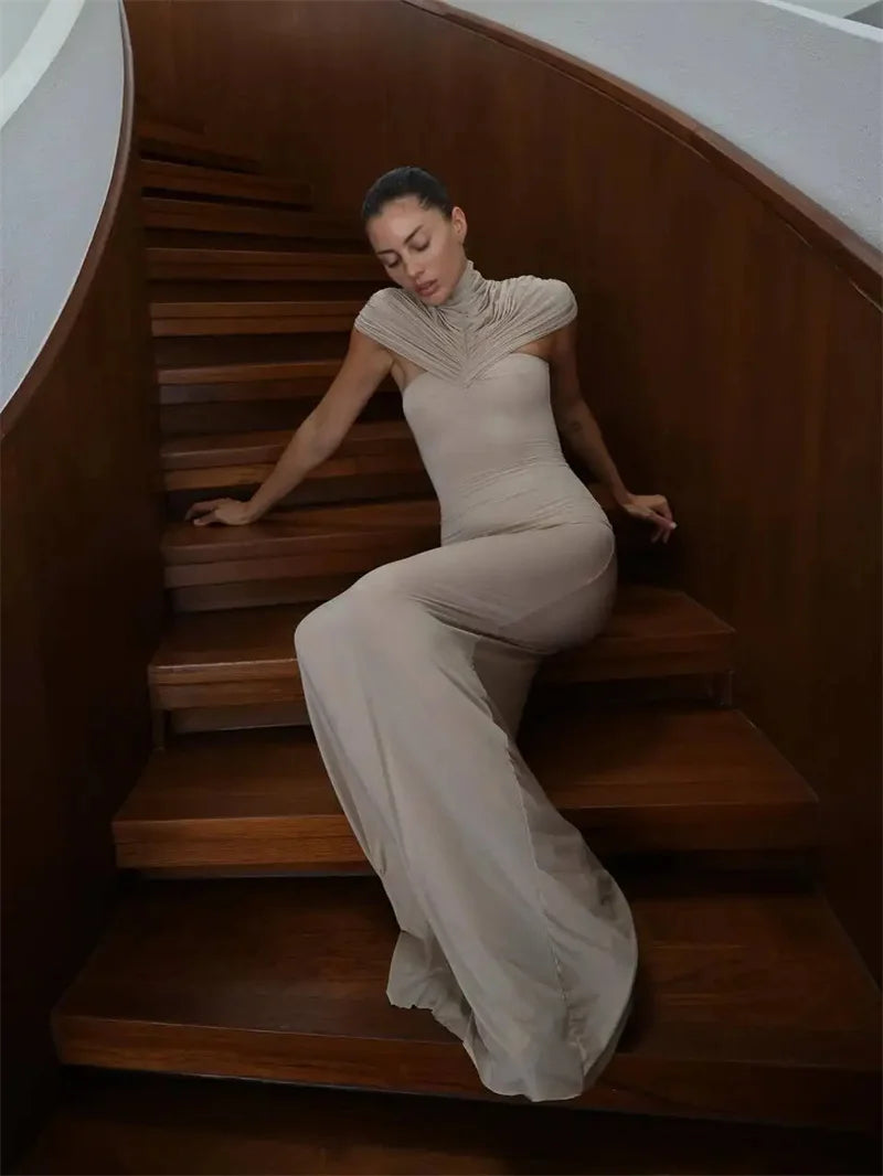 Mozision Turtleneck Short Sleeve Sexy Maxi Dress Women Elegant Draped Ruched Evening Club Party Long Dresses Female Clothes