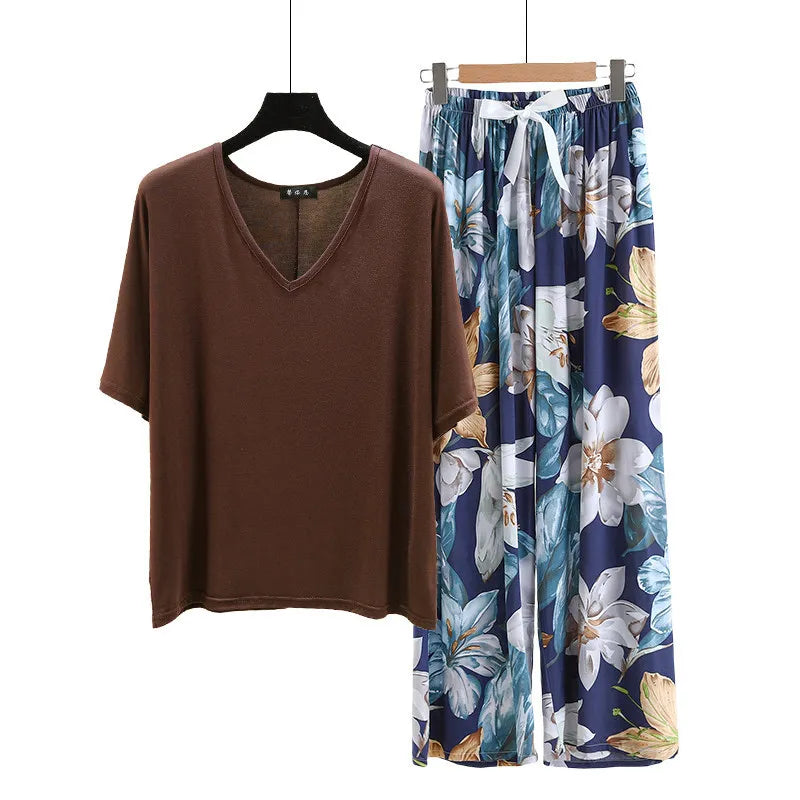 V Neck Tshirt with Poplin Floral wide leg pants summer cool pajamas sets Loose casual homewear suit Rayon Loungewear all match