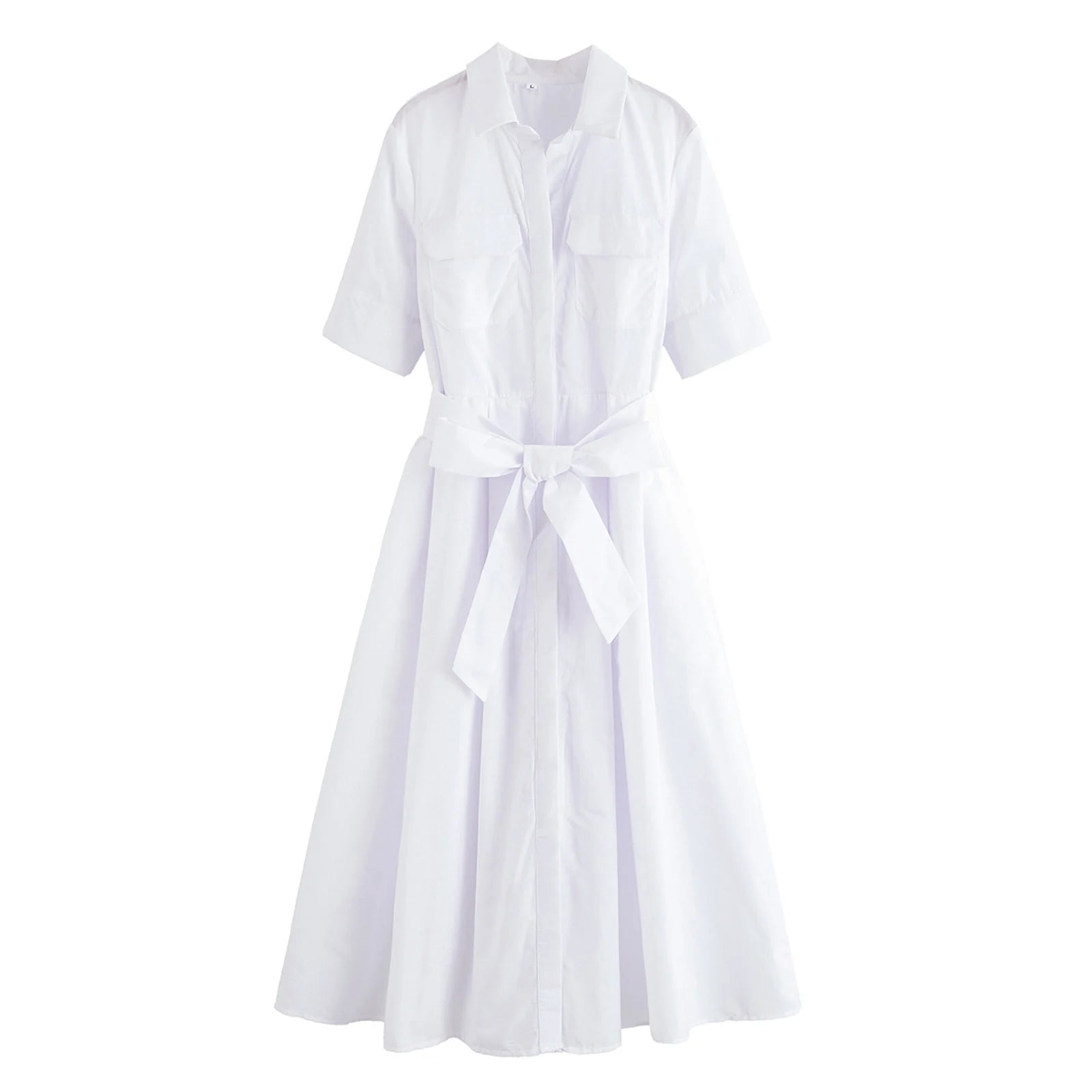 HH Women Summer Lapel Short Sleeve Pocket Single-Breasted Belt Decorate Midi Dress Female Fashion Shirt Style Pleated Dress