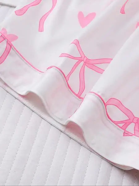 Women's Bow Print Pajama Set, Casual Shirt Collar Soft Top & Elastic Shorts, Comfortable Home Wear for All Seasons
