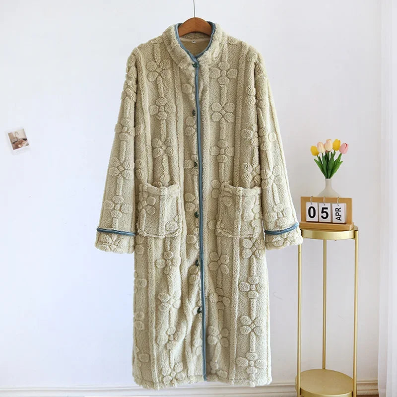 Autumn and Winter 2026 New Women's Nightgown Flannel Sweet and cute Bathrobe Women's Nightdress Stand collar Button Home Dress