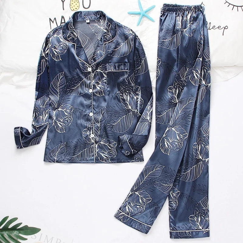 Spring Autumn pajama women Silk Satin pajamas set Long sleeve Shirt with Trouser Sleepwear Loungewear Female Pyjamas Suits Mujer