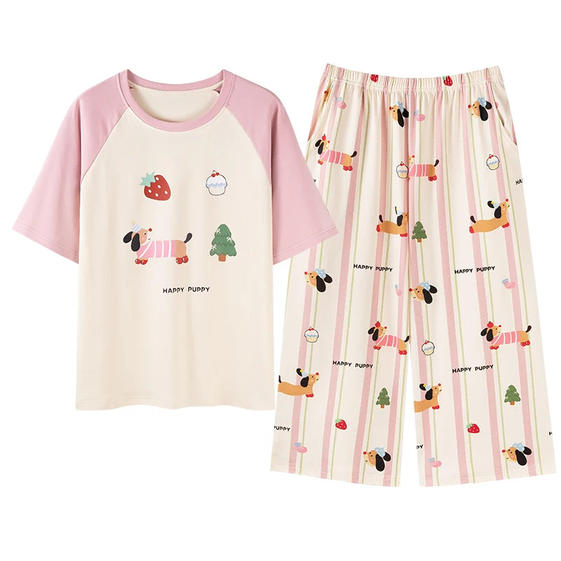 MiiOW 2Pcs Summer Women's Pajamas Set Cotton Short Sleeve Woman Homewear Cute Pink Patchwork Print Girls Pajamas Woman Sleepwear