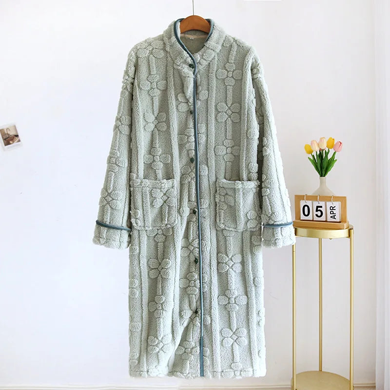 Autumn and Winter 2026 New Women's Nightgown Flannel Sweet and cute Bathrobe Women's Nightdress Stand collar Button Home Dress