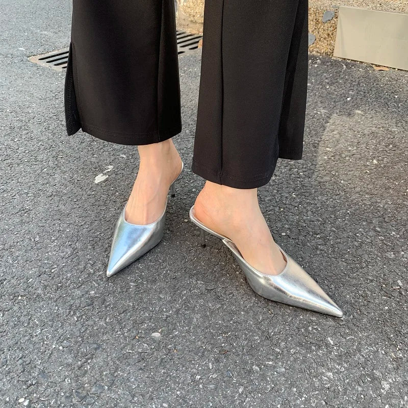 Eilyken Spring New Brand Women Slipper Pointed Toe Slip On Ladies Mules Thin Low Heel Outdoor Dress Sandal Shoes