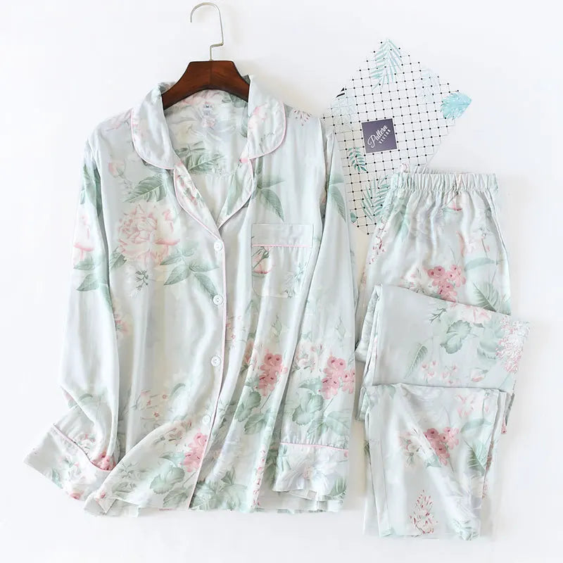 Spring and autumn ladies cute cartoon floral viscose fiber pajamas two-piece long-sleeved home service cotton summer thin shorts